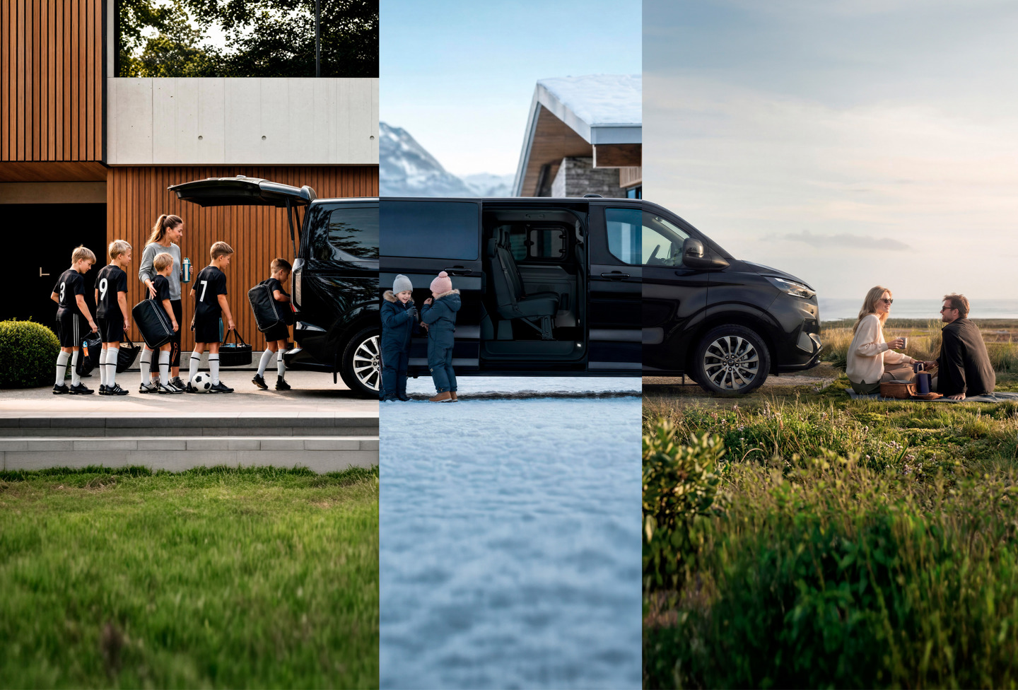 Tre scener viser en minibus til børnenes fodbold, børn, der får hjælp i sneen, og et par, der nyder en picnic ved siden af minibussen.