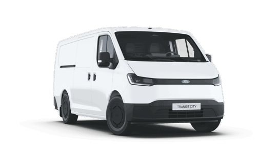 En hvid Ford Transit City-varebil set forfra fra venstre på en almindelig, gennemsigtig baggrund.