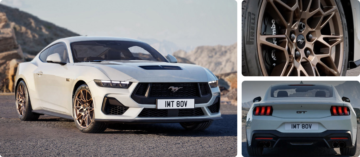 Collage af billeder, hvid Ford Mustang GT Bronze, hjulet og bagenden