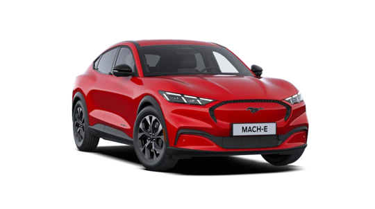 En rød Ford Mustang Mach-E el-SUV, set fra venstre forfra, isoleret på en hvid baggrund.