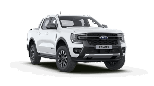 En hvid Ford Ranger-pickup set forfra fra venstre side, der viser sit moderne design og store hjul.